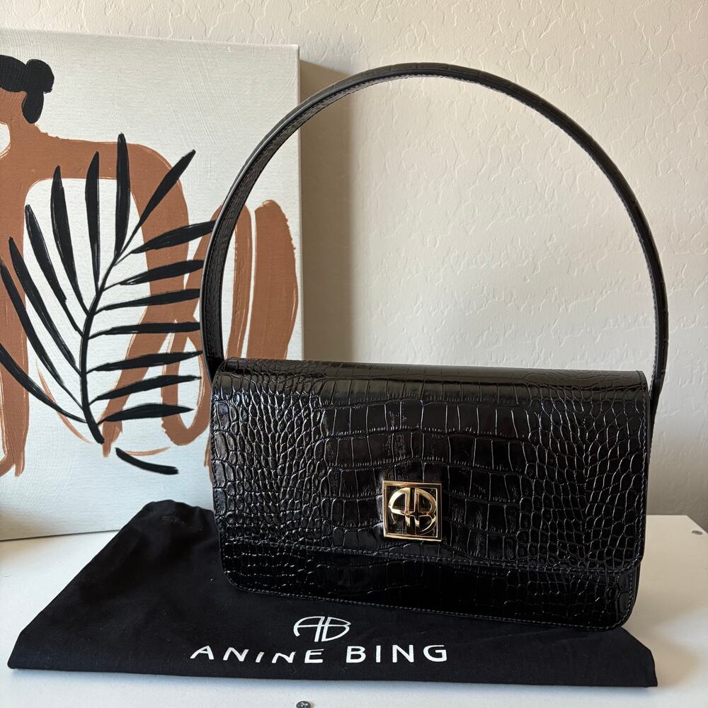Anine Bing Elly Shoulder Bag Croc Embossed Black Leather Purse‎